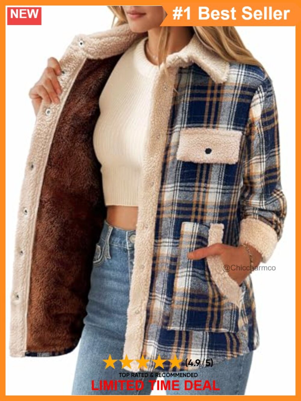 Fleece Lined Plaid Flannel Shacket Snap Button Jacket Loose Fit